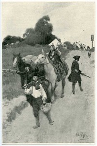 "Tory Refugees on the Way to Canada" by Howard Pyle, 1901. This 20th century imagining of the Loyalist migration emphasizes the forced aspects of the migration.
