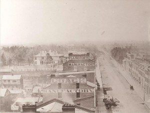 An early photograph of Toronto, 1856. Government House looms in the upper left while the foreground is taken up with artisanal factories. Pianos were a mark of sophistication and in high demand in middle-class households. Note, too, the board sidewalks. (Source: City of Toronto Archives.)