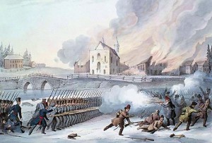 A formalized representation of the Battle of Saint-Eustache, with the church burning in the background. (Source: Library and Archives Canada.)