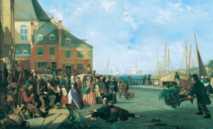 William Raphael's 'Behind Bonsecours Market, Montreal' (ca. 1866) shows women and children in a public space, ships under sail and steam, farm products, and a sense of both busy-ness and leisure. (Source: National Gallery Canada) 