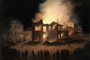 Burning of the Parliament in Montréal, a painting attributed to Joseph Légaré, ca. 1849.