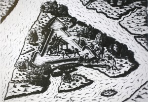 A sketch of Fort Caroline under construction. The oldest fortified settlement in what is now the United States.
