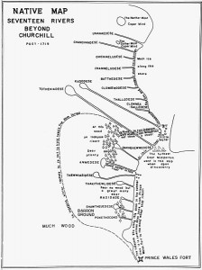 A complex map of the Chipewyan territory north of Prince of Wales Fort, c.1716. It derives from Aboriginal sources (the topographic features) and British observations about navigational and human migration features.