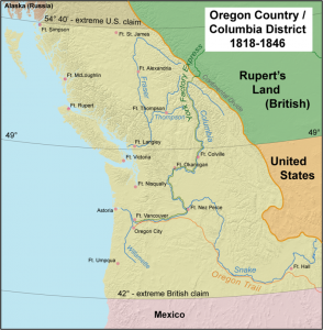 The Oregon or Columbia District included parts of modern-day British Columbia, Idaho and Montana as well as all of Washington and Oregon. This map shows, too, the respective claims of the British (42 degrees) and the Americans (5440').
