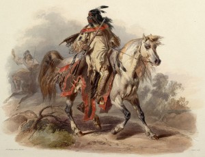 This mid-19th century representation of a Blackfoot warrior suggests the timelessness of the mounted Plains culture. But that culture was, itself, only a few generations old when this image was created. (Painting by Karl Bodmer, c.1840-43).