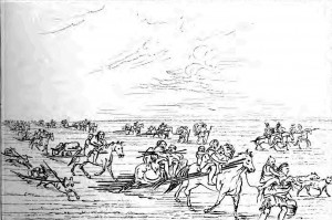 George Catlin's c.1850s sketch of Sioux making use of dogs and horses to move camp. (Smithsonian)