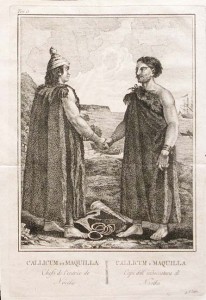 An engraving produced in John Meares' account of his time on the northwest coast shows Callicum and Maquinna greeting one another (c.1796). 
