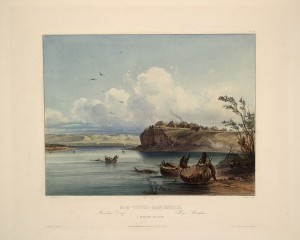 The Mandan villages were protected from bison herds by the clever use of topography, including rivers, cliffs and canyons that isolated the fields. (Karl Bodmer, c.1839.)