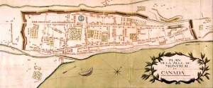 Map of Montréal in 1749. The fortifications can be seen as can the gardens of the seminary and the Hôtel-Dieu. (Source: Library and Archives of Canada.)