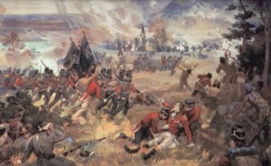 In this 1896 painting, General Isaac Brock encourages the volunteer Upper Canadians troops in the War of 1812: "Push on, brave York volunteers."  Recent research suggests that Upper Canadian enthusiasm for the war was, in fact, muted.