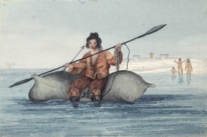 Sadlermuit man paddling an inflated walrus- or seal-skin bladder, c.1824. (Source: Library and Archives of Canada.)