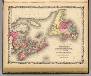 An 1860 map of the Atlantic colonies shaded by counties.