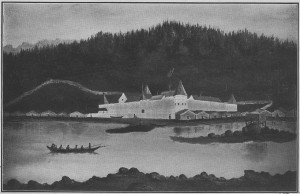 Fort Simpson (Lax Kw'alaams), ca. 1857. Note the longhouses abutting the flank of the fort. (Painting by Sir Henry S. Wellcome.)