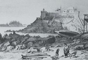 Old Sitka, ca. 1827. The most heavily fortified trading establishment on the northwest coast reflects the poor relations its Russian occupants had with Tlingit neighbours.
