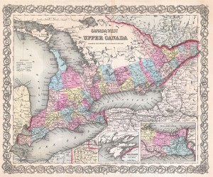 An 1855 map of Canada West (aka Upper Canada) by Joseph Hutchins Colton. The counties are easily visible as are the growing number of towns and villages.