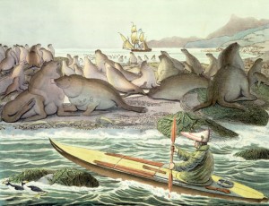 Aleut (Unangan) seal hunter  off the Alaskan coast, as painted by the Ukrainian, Louis Choris, ca.1815-18.