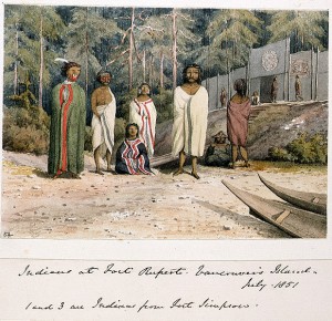 A depiction of Kwagu’ł and Tsimshean people at Fort Rupert on the north end of Vancouver Island, 1851. (Painting by Admiral Edward Gennys Fanshawe.)