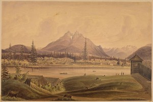 Fort Langley, ca.1857-62, with "Langley Buttes" (Golden Ears) in the distance and the Kwantlen village on MacMillan Island across the river.