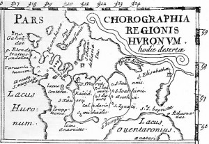 A ca.1660 map of Huronia, now dotted with missions and Christian placenames. From the Historia Canadensis.