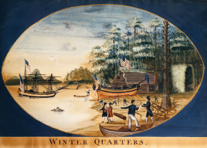 "Winter Quarters." by George Davidson (ca.1793), depicts the American Captain Robert Gray and the crew of the Columbia Rediviva on Clayoquot Sound.
