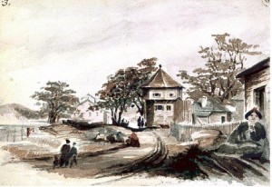 The south-west bastion of the HBC fort at Victoria, 1860. (Watercolour by Sarah Crease.)