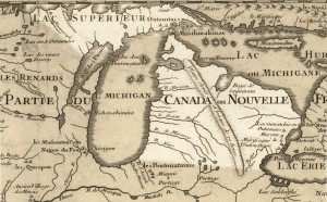Detail from a map of the Pays d'en Haut in 1718. The Meskwaki and their allies, the Mascouten and the Kickapoo controlled much of the rivers systems to the south and west of Lake Michigan. Created by Guillaume Delisle.