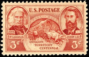 Having spent his career trying to keep the Americans at bay, McLoughlin is celebrated in this 1948 US stamp as a founder of Oregon.