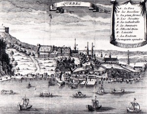 Québec in 1700, its skyline punctuated by church spires. The key indicates the position of the Seminaire, the Jesuits, the Recollets, the cathedral and the Hôtel-Dieu.