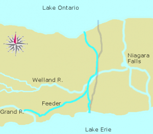 The first Welland Canal (in blue) was criticized as slow and inefficient and more likely to benefit American farmers on Lake Erie than Upper Canadian farmers. The current canal route is marked in grey.