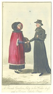 John Lambert’s 1816 illustration of a Canadienne and a Catholic Priest in winter dress.