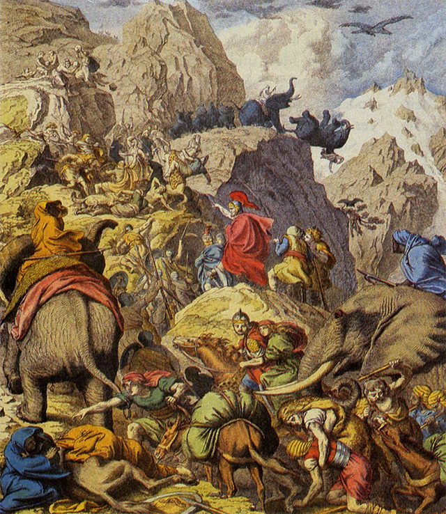 Hannibal crossing Alps with elephants