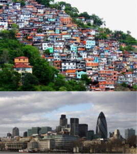 Figure 20.11 La ville taudis et la ville globale : Le Favéla Morro de Prazères en Rio de Janeiro et le district financier de Londres démontrent les deux côtés de l’urbanisation globale (photo courtoise de dany13/Flickr et Peter Pearson/Flickr)
