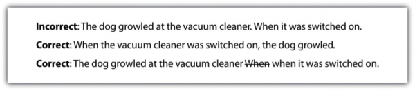 Incorrect: The dog growled at the vacuum cleaner. When it was switched on. Correct: When the vacuum cleaner was switched on, the dog growled. Correct: The dog growled at the vacuum cleaner when it was switched on.