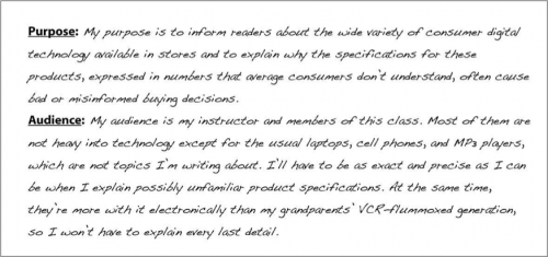 Purpose: My purpose is to inform readers about the wide variety of consumer digital technology available in stores and to explain why the specifications for these products, expressed in numbers that average consumers don’t understand, often cause bad or misinformed buying decisions. Audience: My audience is my instructor and members of this class. Most of them are not heavy into technology except for this usual laptops, cell phones, and MP3 players, which are not topics I’m writing about. I’ll have to be as exact and precise as I can be when I explain possibly unfamiliar product specifications. At the same time, they’re more with it electronically than my grandparents’ VCR-flummoxed generation, so I won’t have to explain every last detail.