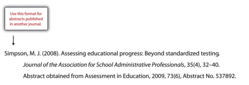 Simposon, M.J. (2008). Assessing educational progress: Beyond standardized testing. Journal of the Association for School Administrative Professionals, 35 (4), 32-40. Abstract obtained from Assessment in Education, 2009, 73(6), Abstract No. 537892.