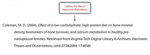Coleman, M.D. (2004). Effect of a low-carbohydrate, high-protein diet on bone mineral density, biomarkets of bone turnover, and calcium metabolism in healthy pre-menopausal females. Retrieved from Virginia Tech Digital Library and Archives: Electronic Theses and Dissertions. (etd-07282004-174858)