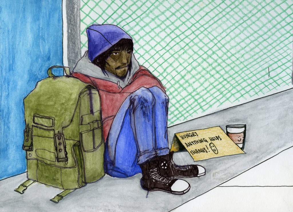 A teenager sits on the street beside a backpack. A cardboard sign says, "Hungry. Anything helps. Thanks!"