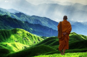 A Buddhist monk wearing an orange robe surveys a green valley and hills, one hand behind his back.