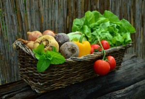 Basket of lettuce, tomatoes, beets, onions, mint, a parsnip, and a bell pepper.