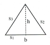 Triangle with base b, height h, and sides s1, s2, and s3.
