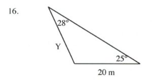 Triangle with angles of 28 and 25 degrees, 20 m side