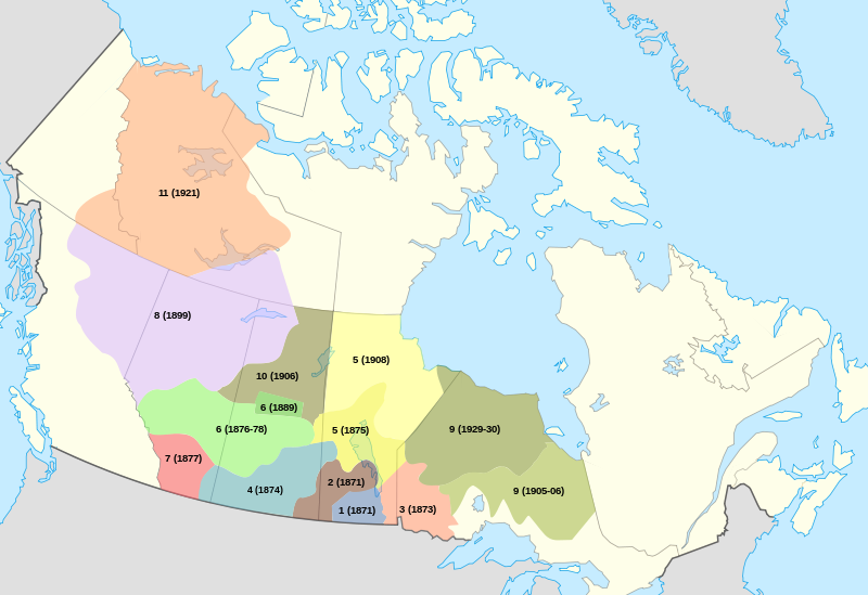 Map highlighting treaties from Ontario to Alberta to Northwest Territories.