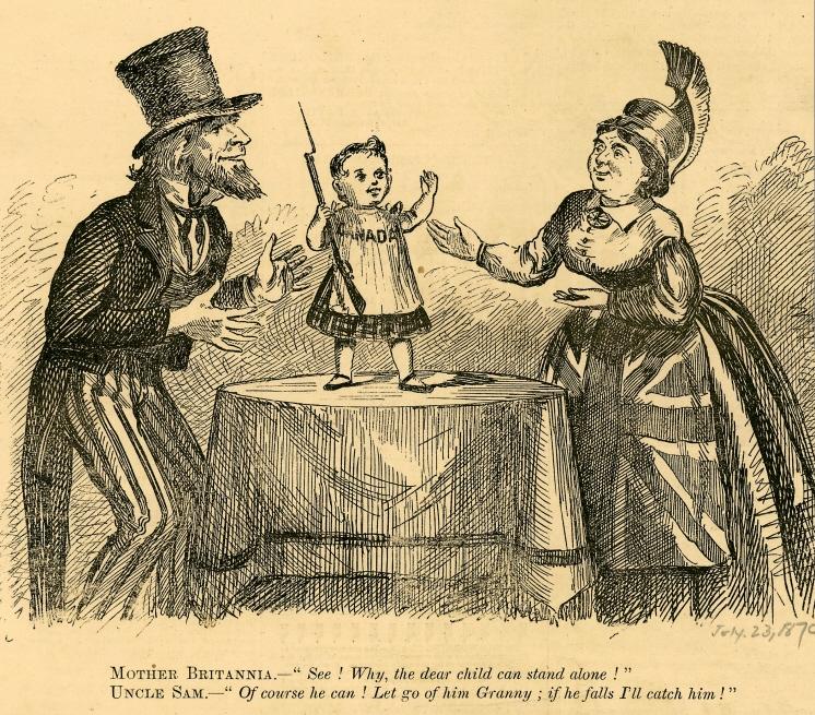Infant Canada stands on a table. Uncle Sam and Britannia hold out their hands, ready to catch him.