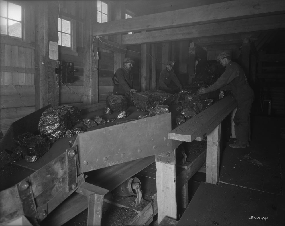 Men in overalls sort lumps of coal on a conveyor belt.