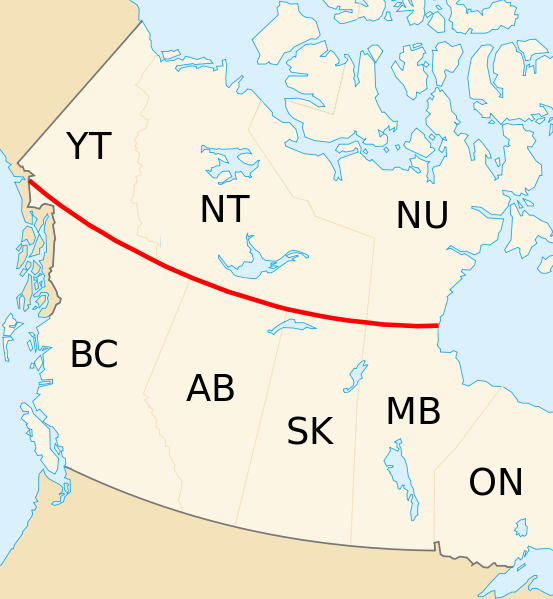 Map of Canada highlighting the border between the western provinces and the three territories.