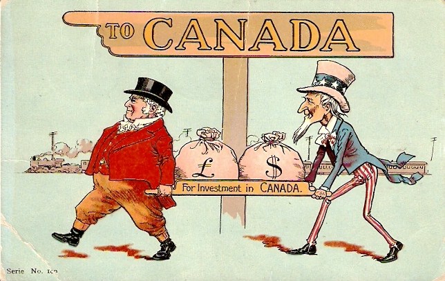 John Bull and Uncle Sam carry money for investment in Canada, guided by a sign pointing to Canada.