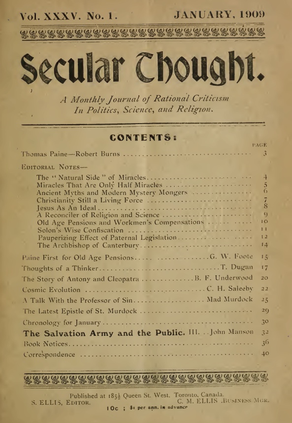 Table of contents of the journal Secular Thought. Long description available.