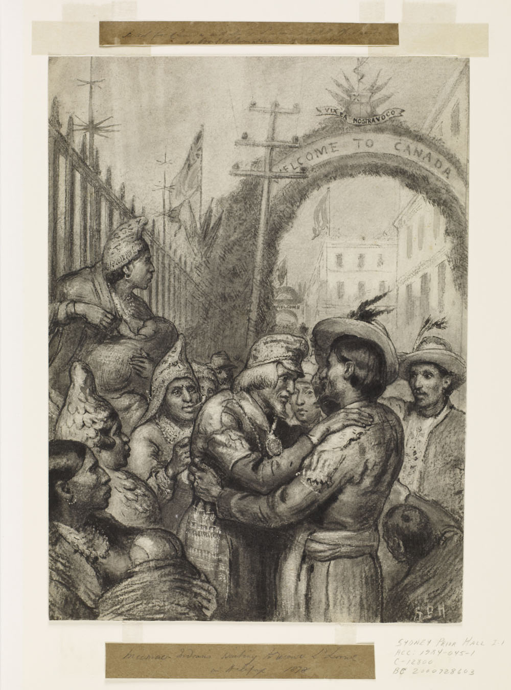 Drawing of a group of Indigenous people receiving a lord. Behind is a "Welcome to Canada" arch.