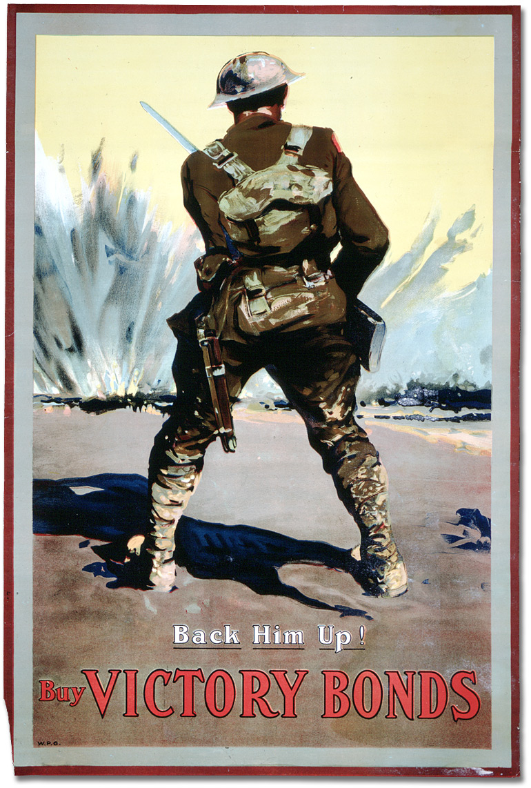 A soldier on a battlefield. Caption: &quot;Back Him Up! Buy Victory Bonds.&quot;