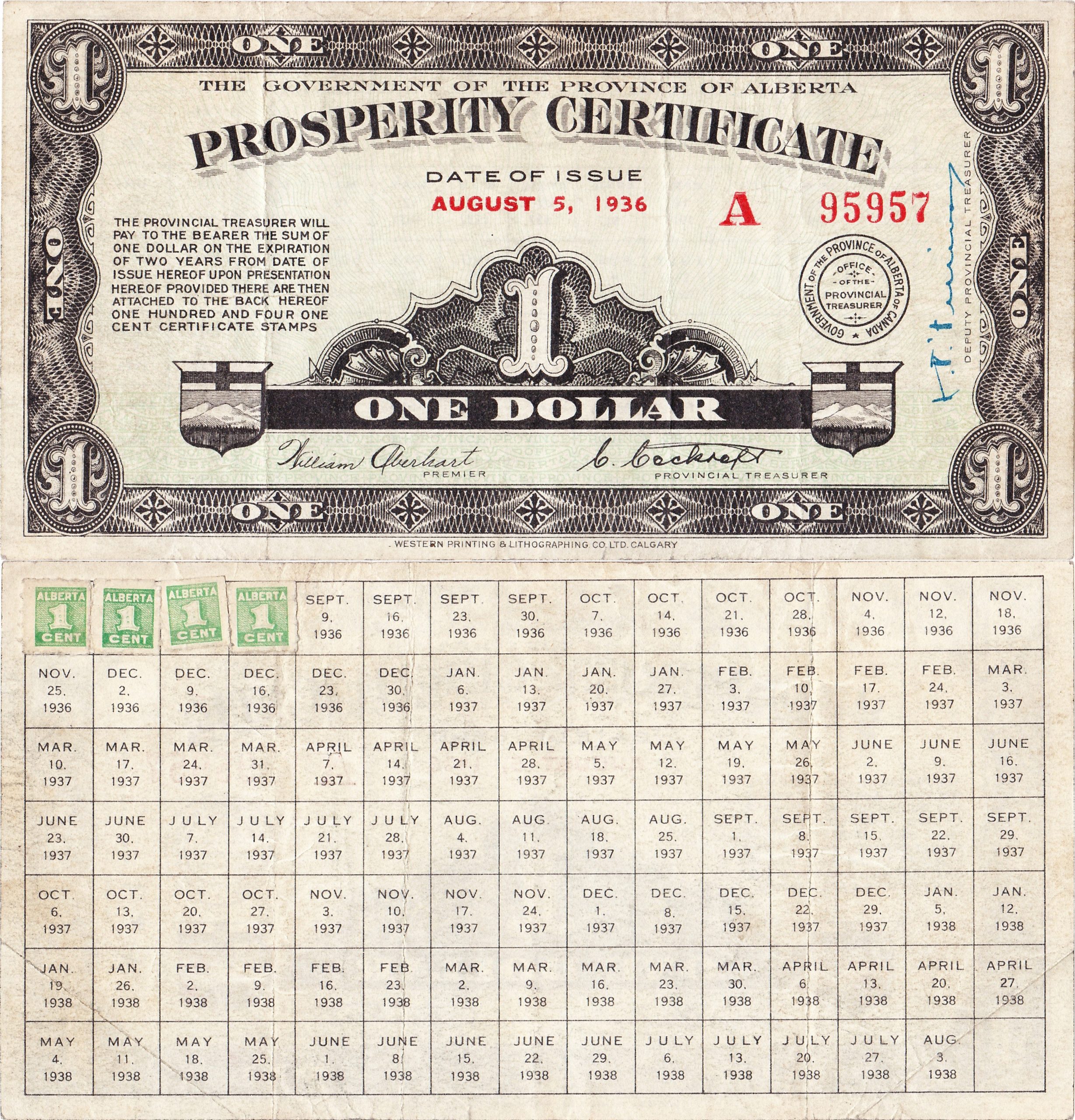 A dollar attached to a certificate with spaces for 104 stamps (weekly for two years).